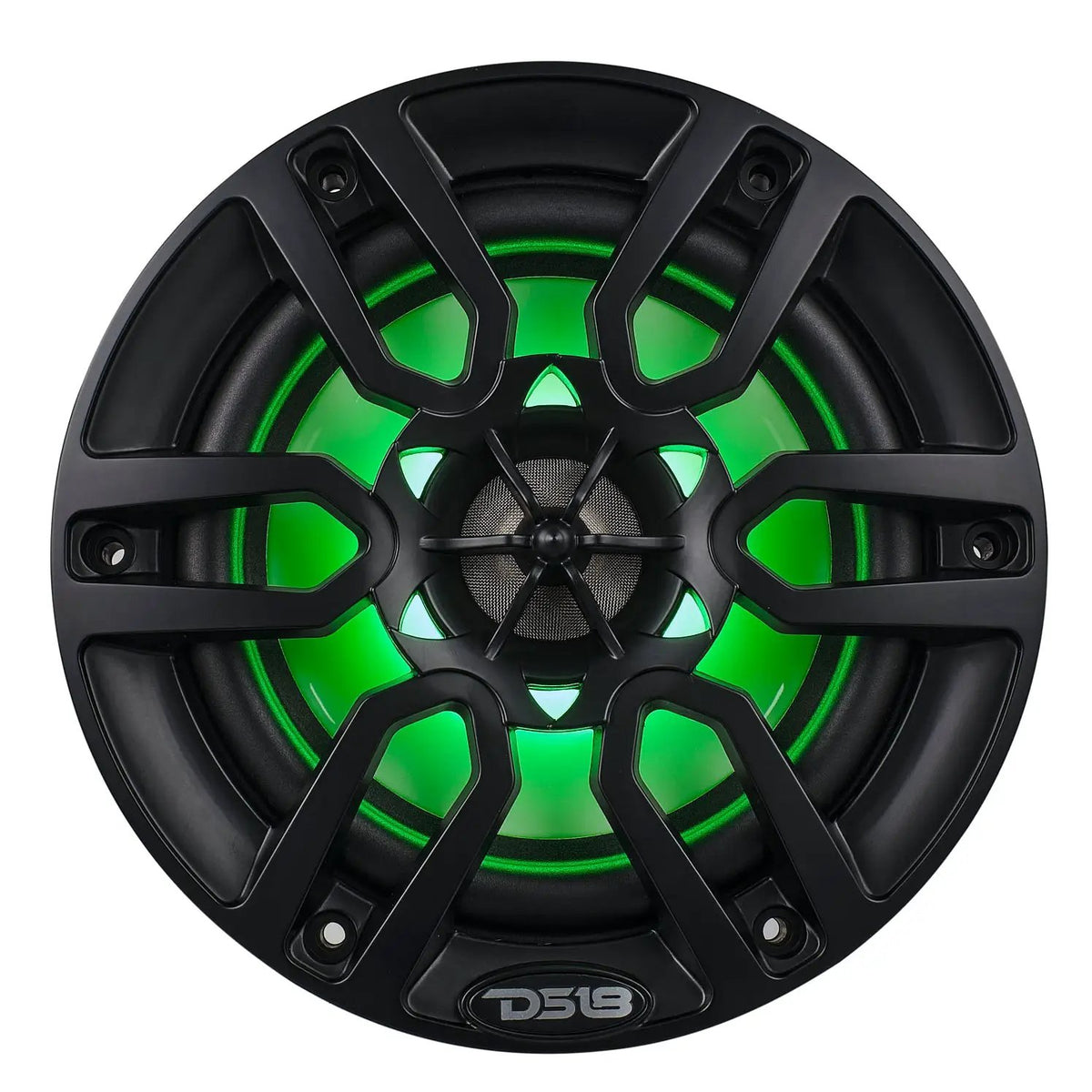Front view of a black DS18 speaker with green lighting behind its grille