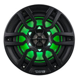 Front view of a black DS18 speaker with green lighting behind its grille