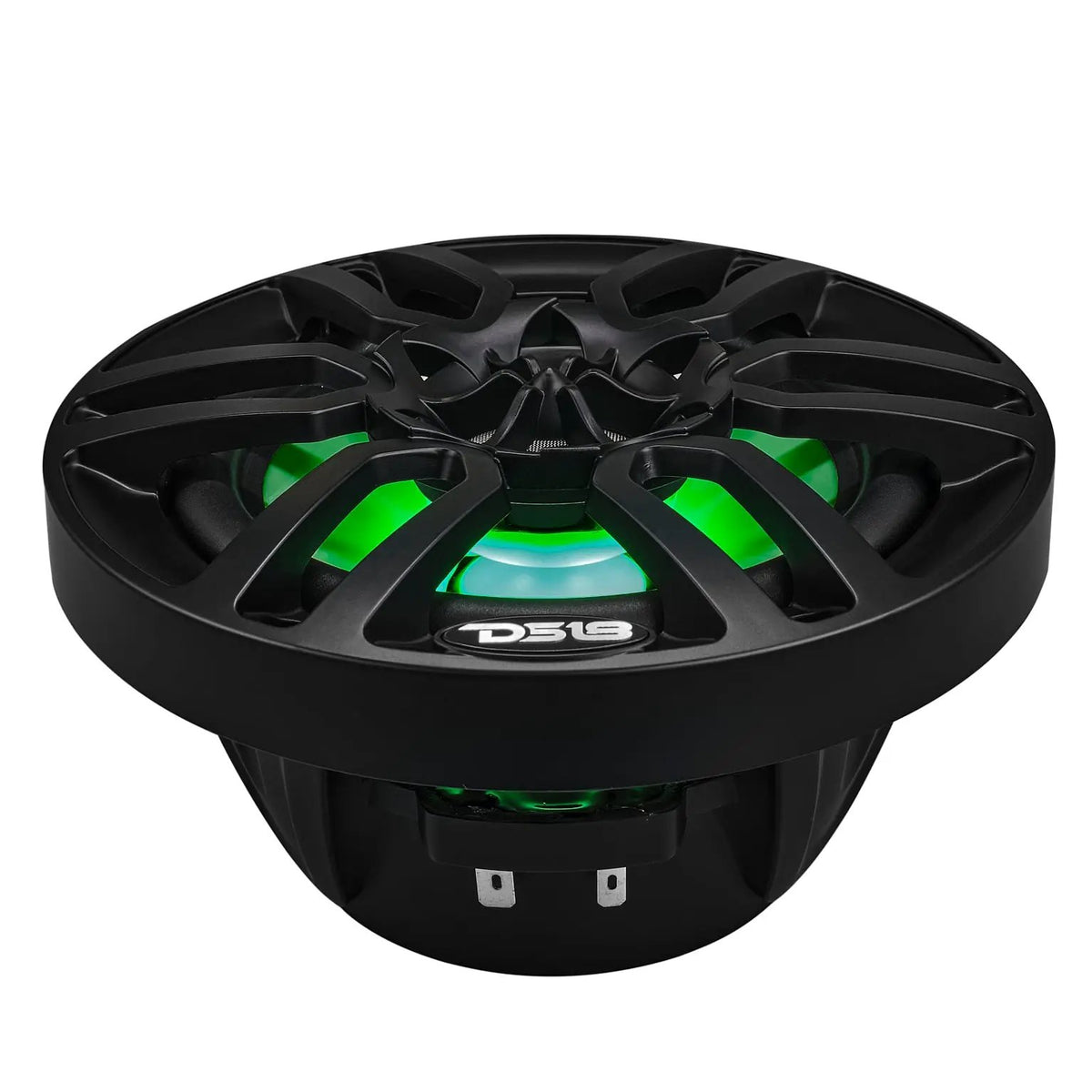 Low front view of a black DS18 speaker with green lighting, an open basket and wiring terminals