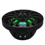 Low front view of a black DS18 speaker with green lighting, an open basket and wiring terminals