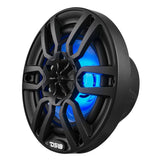 Black DS18 marine speaker with blue illumination behind its spoke grille