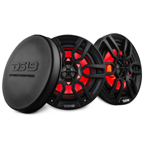 Two black DS18 speakers with red lighting beside a round protective speaker cover