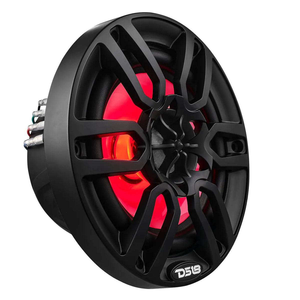 Black DS18 speaker with a spoke grille and red illumination, angled front view