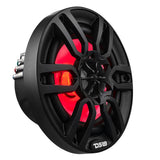 Black DS18 speaker with a spoke grille and red illumination, angled front view