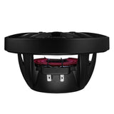 Side view of a black DS18 speaker showing its open basket, red suspension and terminals