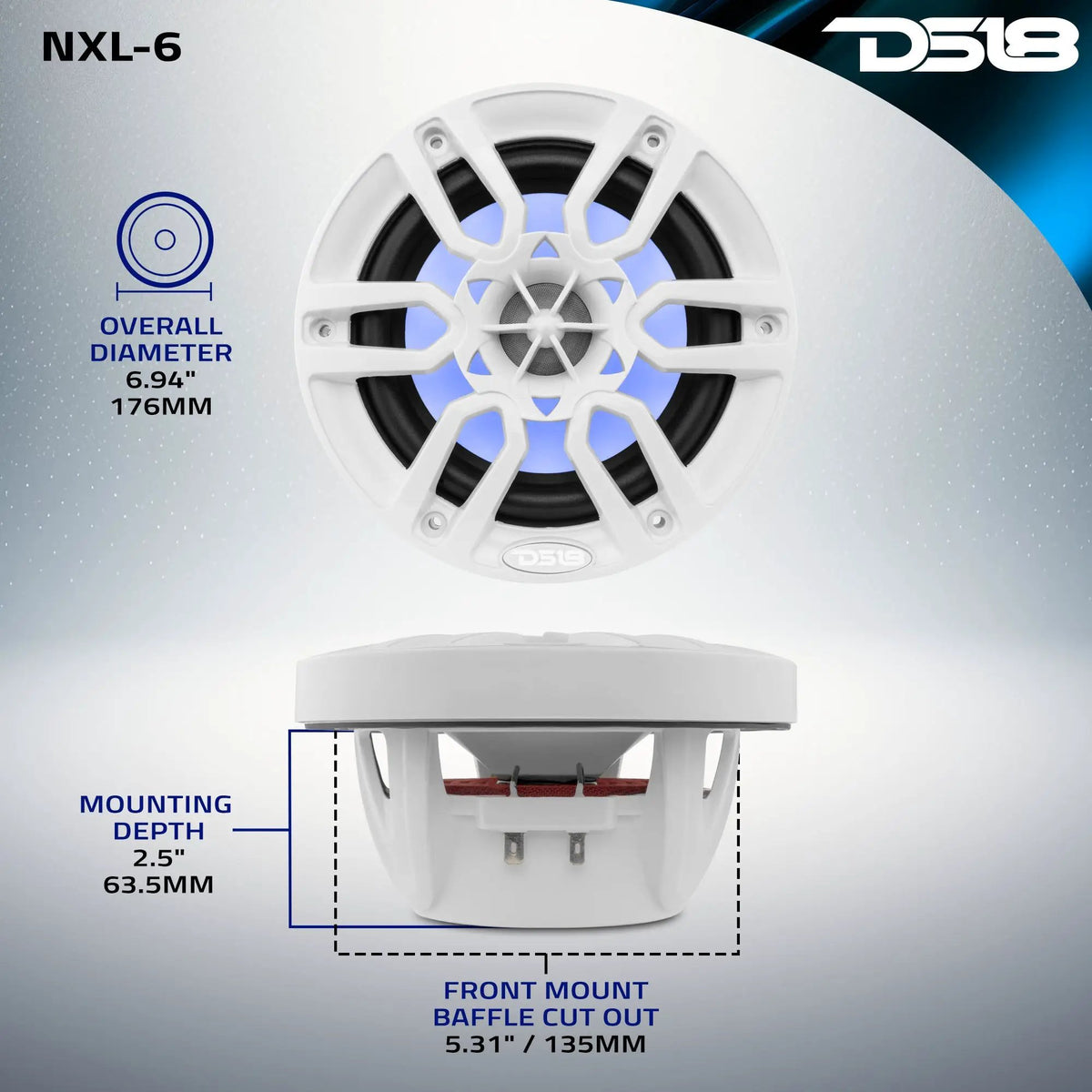 DS18 NXL-6 dimension graphic: 176 mm overall diameter, 63.5 mm mounting depth and 135 mm cutout
