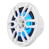 White DS18 speaker with a spoke grille and blue illumination, angled front view