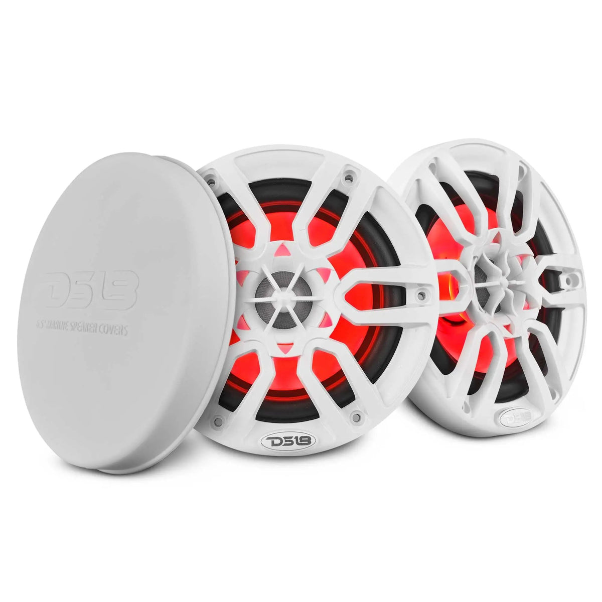 Two white DS18 speakers with red illuminated multi-spoke grilles and a white protective cover