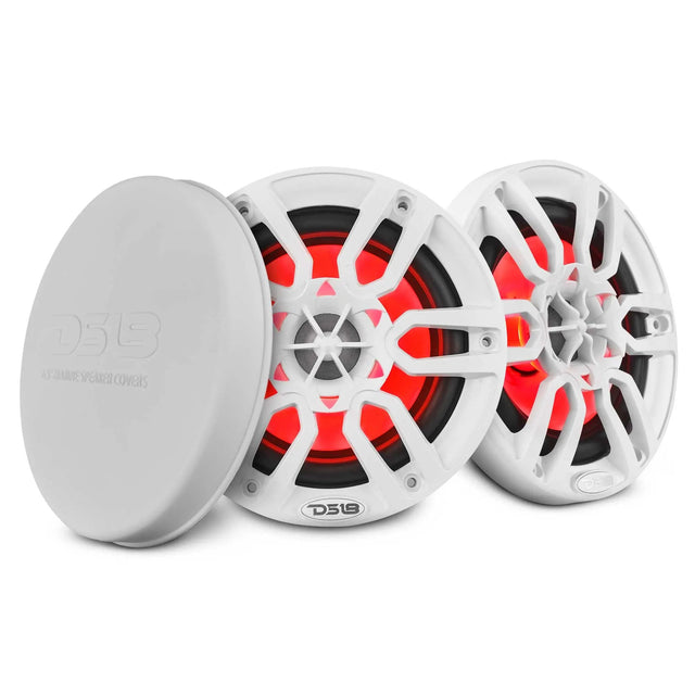 Two white DS18 speakers with red illuminated multi-spoke grilles and a white protective cover