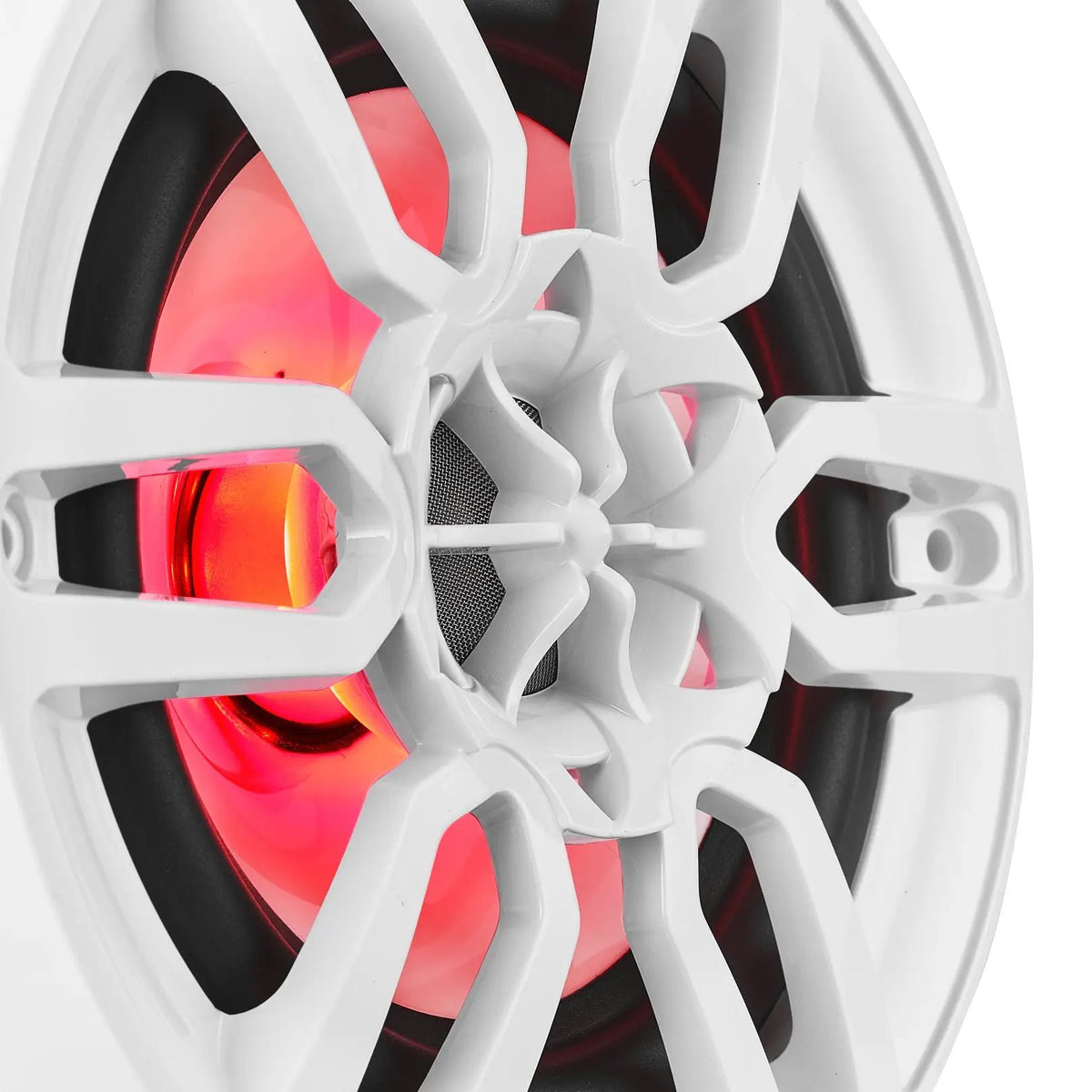 Close-up of a white DS18 speaker grille and central tweeter with red illumination behind them