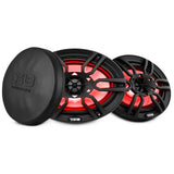 Two black oval DS18 speakers with red lighting beside an oval protective cover