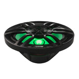 Low front angle of a black oval DS18 speaker with green lighting
