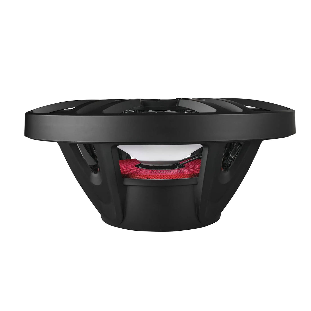 Side profile of a black oval speaker showing its open basket, cone and red suspension