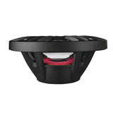 Side profile of a black oval speaker showing its open basket, cone and red suspension