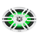 White oval DS18 speaker with green illumination, front view