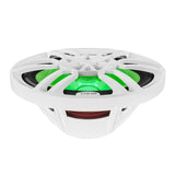Low front view of a white oval DS18 speaker with green lighting and an open basket