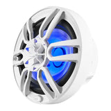 Opposite front angle of a white oval DS18 speaker with blue lighting