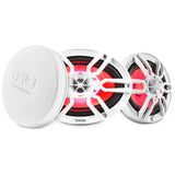 Two white oval DS18 speakers with red lighting beside a white protective cover