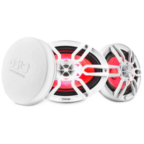 Two white oval DS18 speakers with red lighting beside a white protective cover