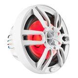 Angled front view of a white oval DS18 speaker with red lighting and wiring terminals along the side