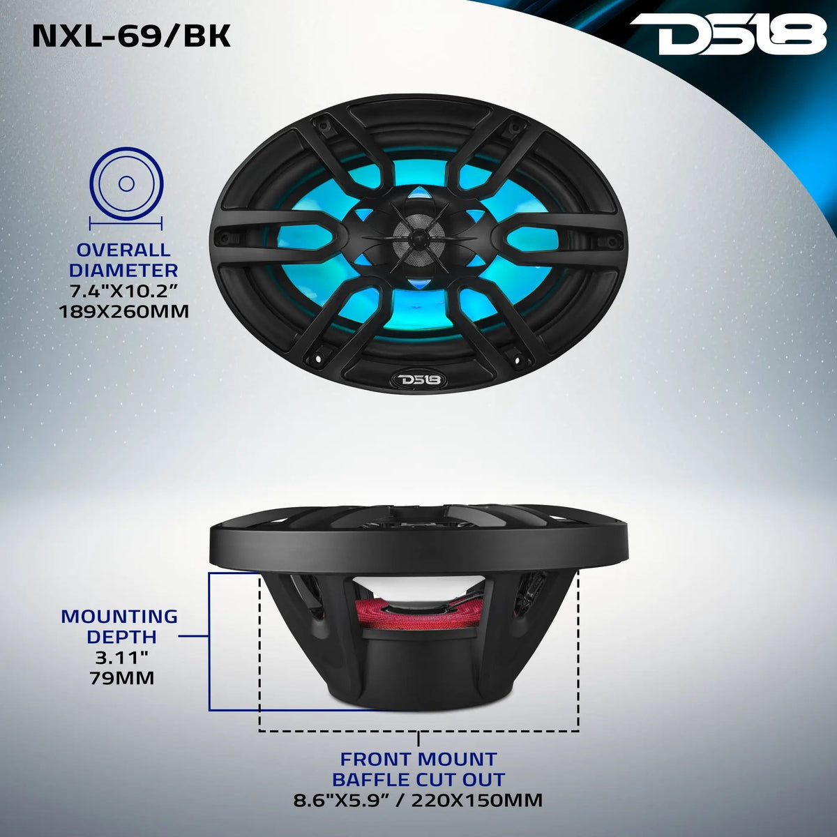 DS18 NXL-69/BK dimension diagram: 7.4 by 10.2-inch overall size, 8.6 by 5.9-inch cutout and 3.11-inch mounting depth