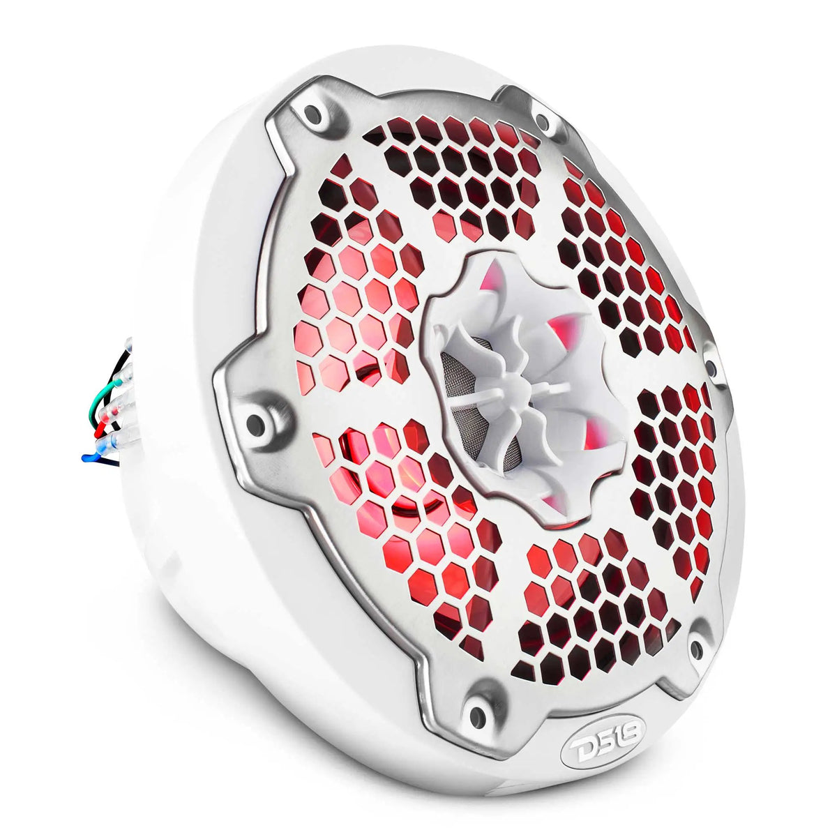 Angled front view of a white DS18 speaker with a silver honeycomb grille and red lighting