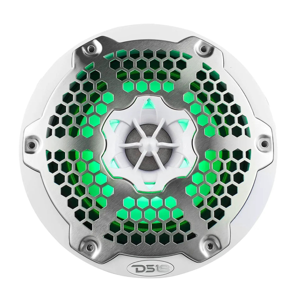 Front view of a white DS18 speaker with a silver honeycomb grille and green lighting