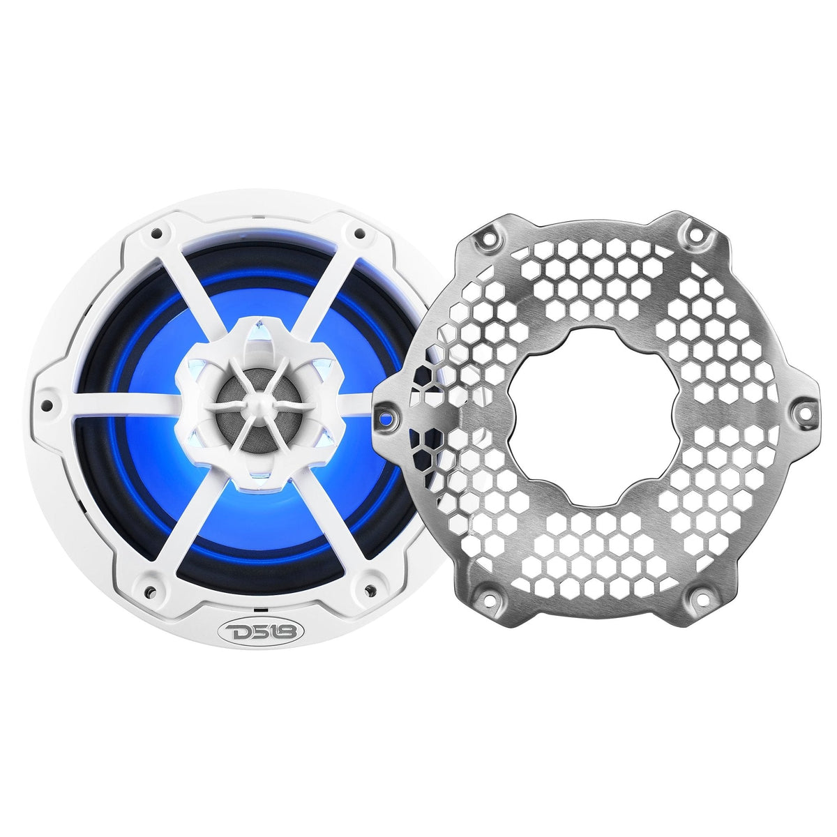 White DS18 marine speaker illuminated blue beside its detached silver honeycomb grille