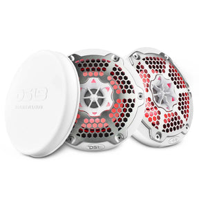 Pair of white DS18 speakers with silver honeycomb grilles, red illumination and a cover