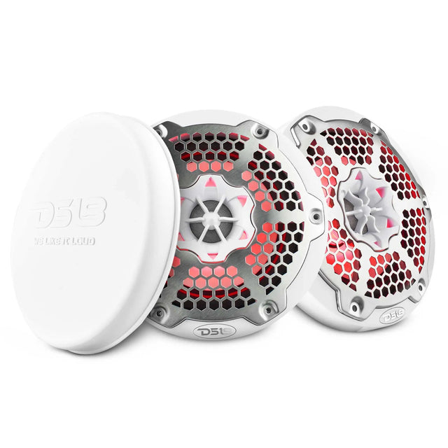 Pair of white DS18 speakers with silver honeycomb grilles, red illumination and a cover