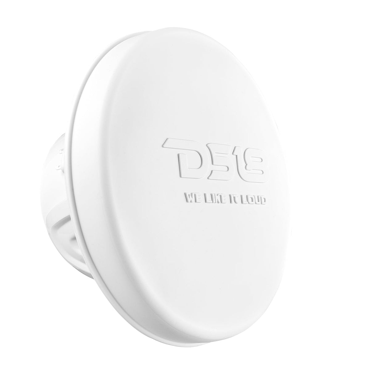White DS18 speaker with embossed protective cover fitted, angled view