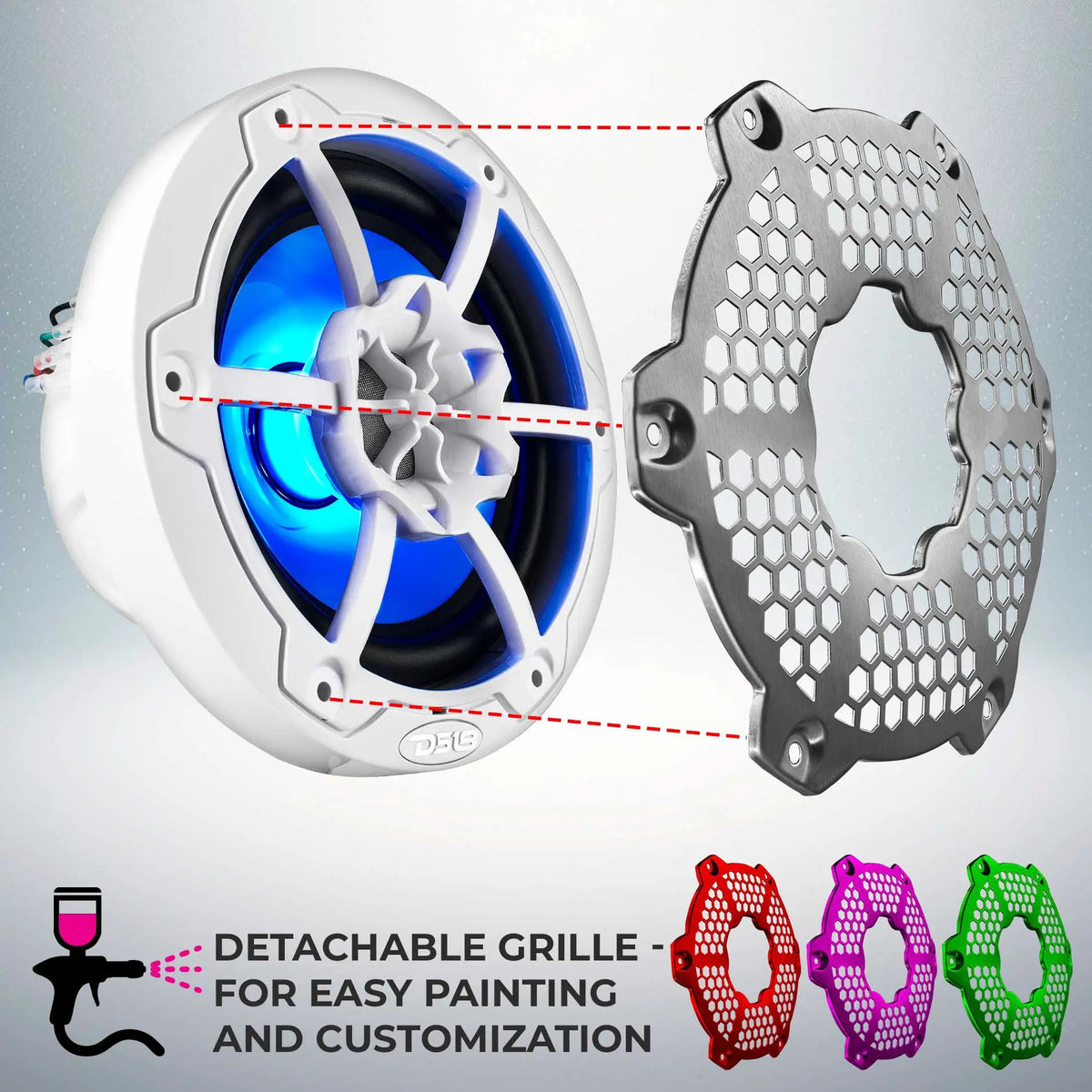 DS18 speaker graphic showing a detachable honeycomb grille for painting and customization, with red, purple and green examples