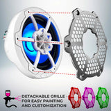 DS18 speaker graphic showing a detachable honeycomb grille for painting and customization, with red, purple and green examples