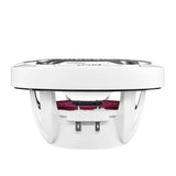 Side view of a white DS18 speaker showing its basket, red suspension and terminals