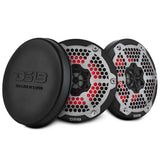 Two black DS18 speakers with silver honeycomb grilles, red illumination and a protective cover