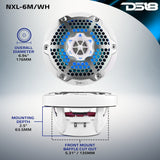 DS18 NXL-6M/WH dimension graphic: 176 mm overall diameter, 63.5 mm mounting depth and 135 mm cutout