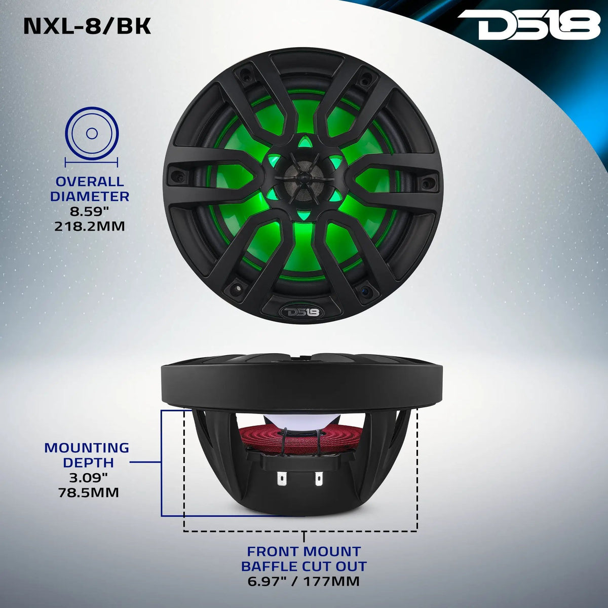 DS18 NXL-8/BK dimension graphic: 218.2 mm overall diameter, 78.5 mm mounting depth and 177 mm cutout