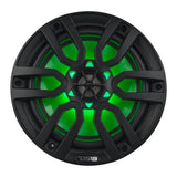 Black DS18 speaker with green illumination, front view