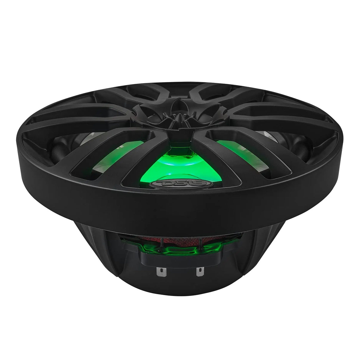 Low front view of a black DS18 speaker showing green lighting, its basket and terminals