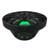 Low front view of a black DS18 speaker showing green lighting, its basket and terminals