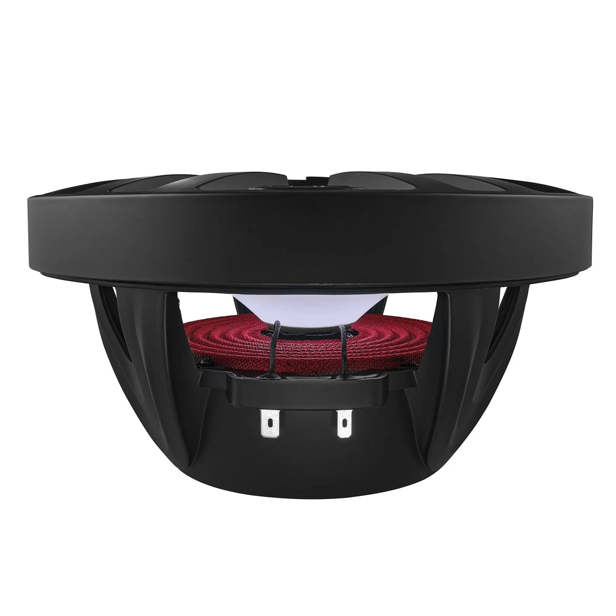 Black speaker with red suspension, side view