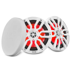 Pair of white DS18 speakers with red illumination and a protective cover
