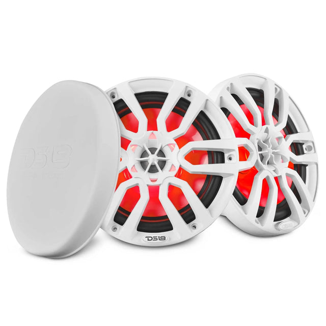 Pair of white DS18 speakers with red illumination and a protective cover