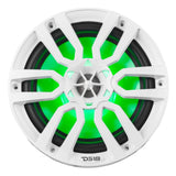 Front view of a white DS18 marine speaker with green illumination behind the grille