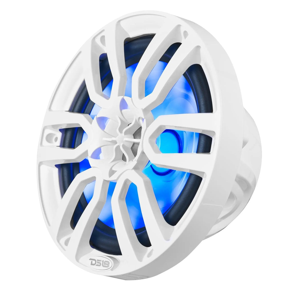 Angled front of a white DS18 marine speaker with blue illumination behind its spoke grille