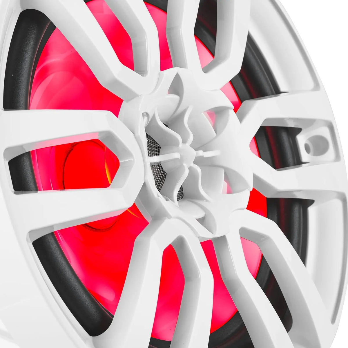 Close-up of a white DS18 speaker grille, central tweeter and red illumination