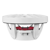 White speaker with an open basket and exposed terminals, side view