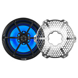 Black DS18 speaker with blue lighting and its silver honeycomb grille shown removed
