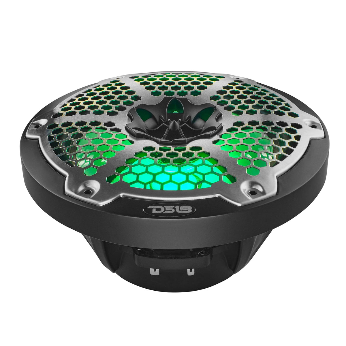 Low front view of a black speaker showing its silver honeycomb grille, green lighting and open basket