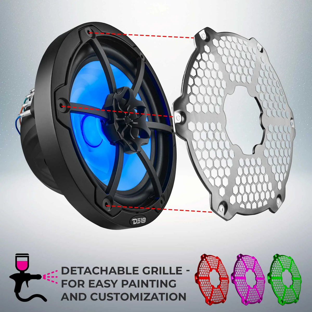 Blue-lit black DS18 speaker graphic showing its detachable honeycomb grille for painting and customization